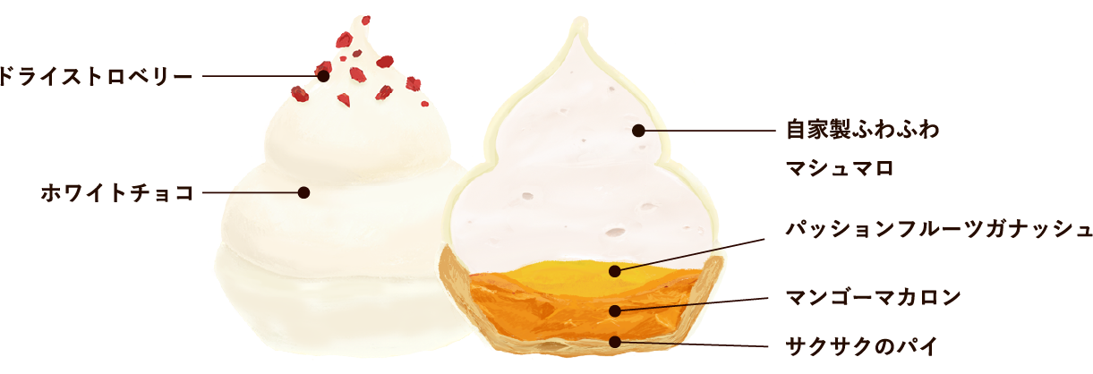 ドライストロベリー ホワイトチョコ 自家製ふわふわマシュマロ パッションフルーツガナッシュ マンゴーマカロン サクサクのパイ