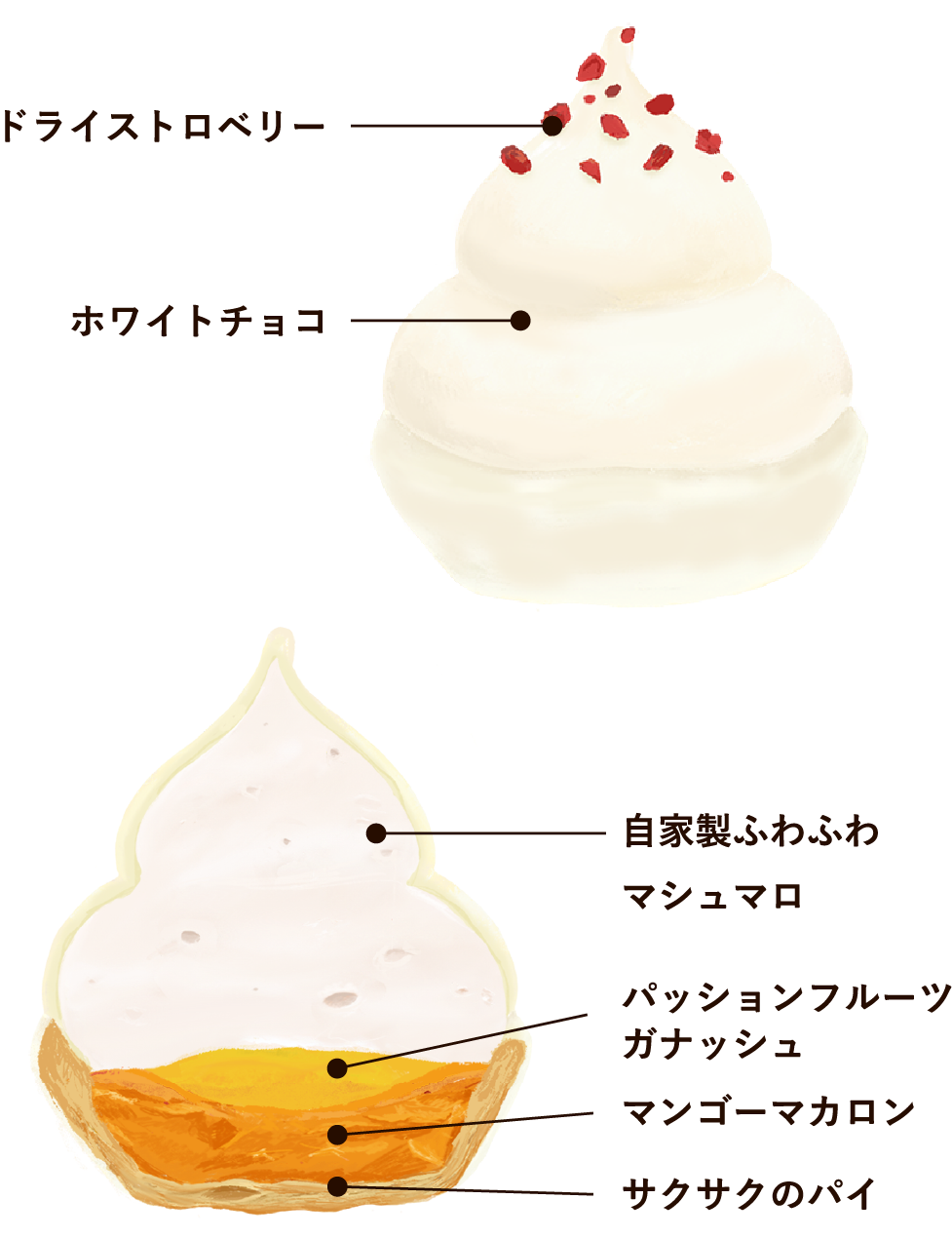 ドライストロベリー ホワイトチョコ 自家製ふわふわマシュマロ パッションフルーツガナッシュ マンゴーマカロン サクサクのパイ